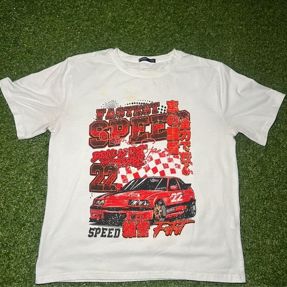 Speed Graphic White Tee with Red Car Design